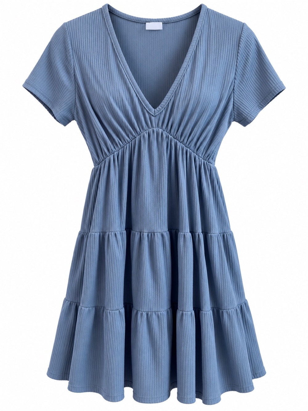 Olivia Rae Dusty Blue V-Neck Short Sleeve Tiered Midi Dress